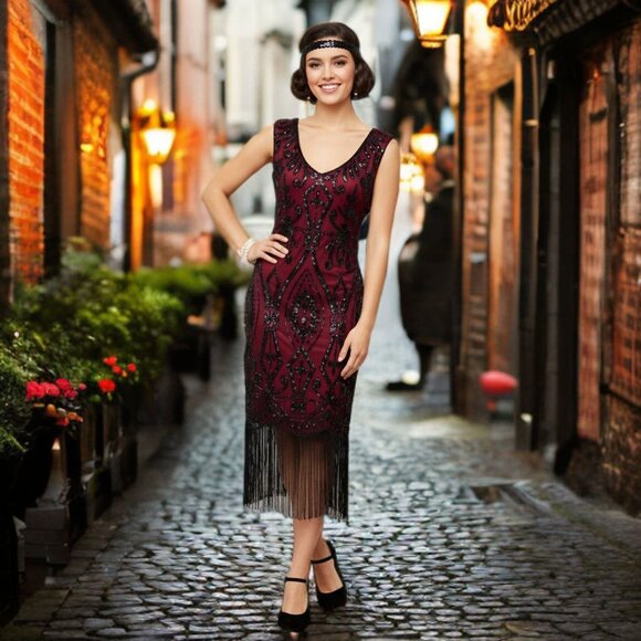 Unbranded Vintage 1920s Flapper Midi Dress Sequin A-Line Sheer Party Costume Red - Picture 1 of 12
